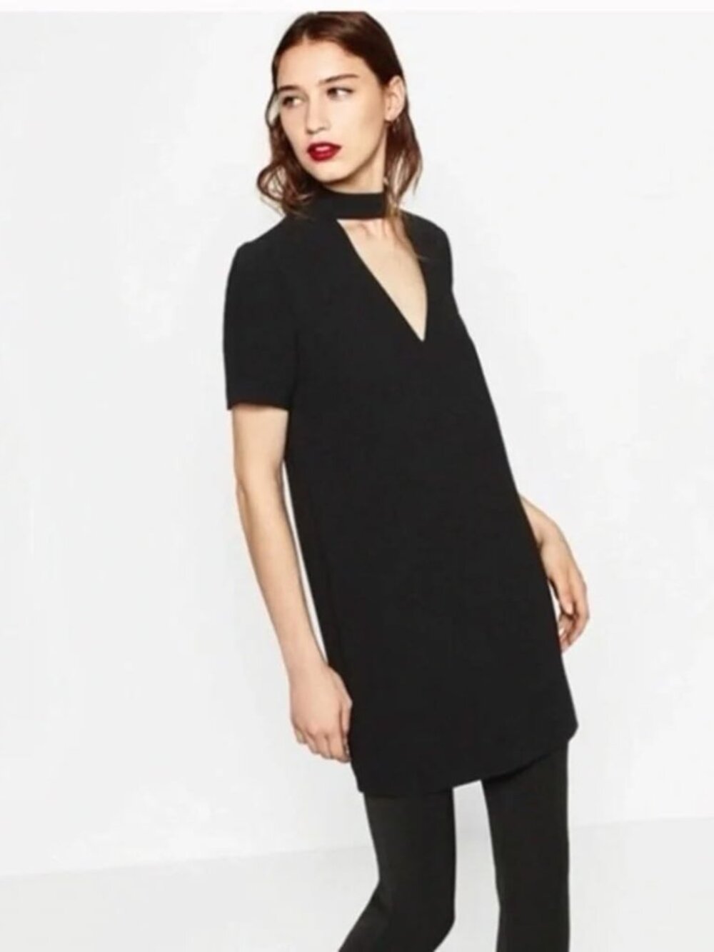 Zara Short Sleeve Cut-Out V-Neck Black Dress (Size Small)